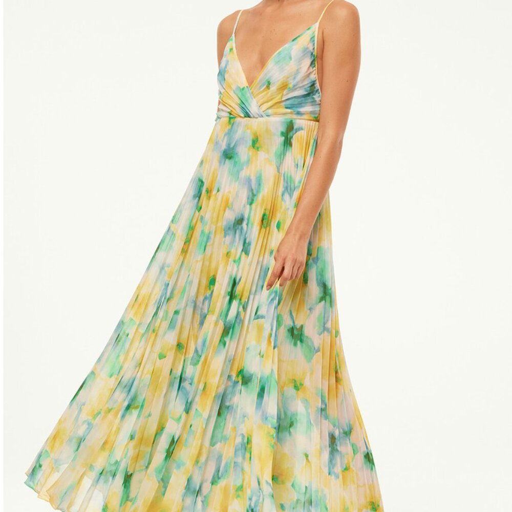 Misa Los Angeles Yellow, Green & Blue Pleated Maxi Dress